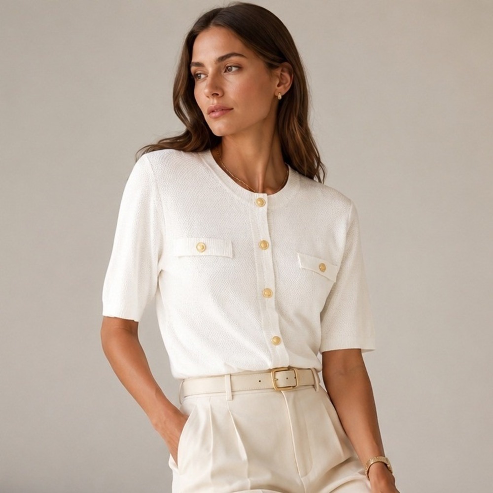 Women's White Knit Button-Front Top with Gold Buttons
